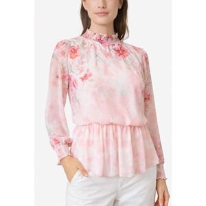 AND Womens Floral Blouse Size 14 Pink Smocked Neck Long Sleeve Peplum Top